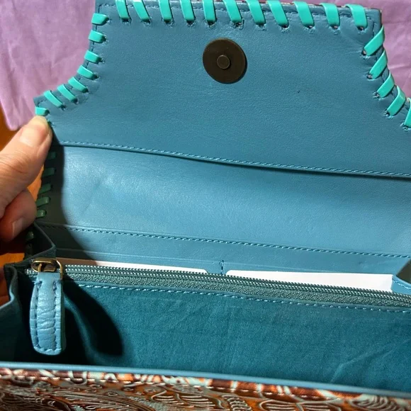 MYRA BAG Brown & Turquoise Floral Embossed Leather Wallet w/Turquoise Snap. NEW! - Picture 5 of 10